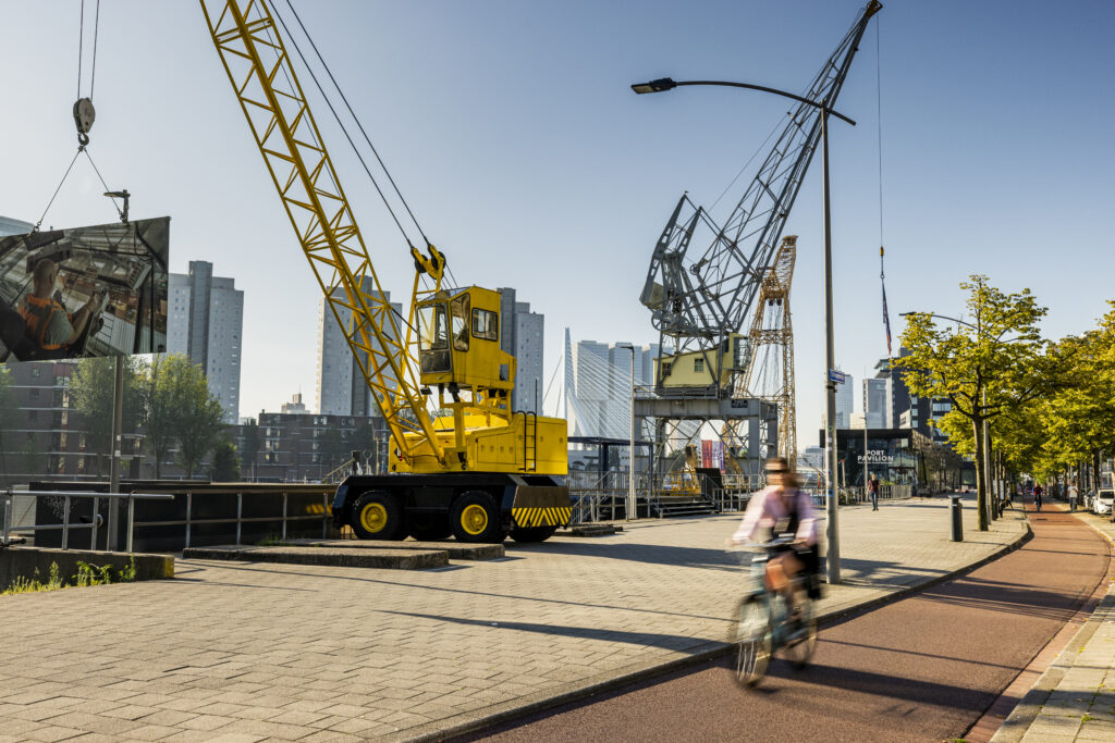 Een fietser rijdt over de Schiedamsedijk met op de kade naast haar een gele en grijze havenkraan. Tussen de kranen door zijn woontorens en de witte Erasmusbrug zichtbaar in de verte. De zon schijnt fel, het licht is helder en de lucht strakblauw.